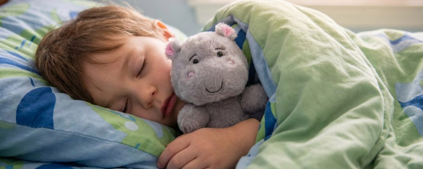 A sleeping child hugging a grey bunny plush toy
