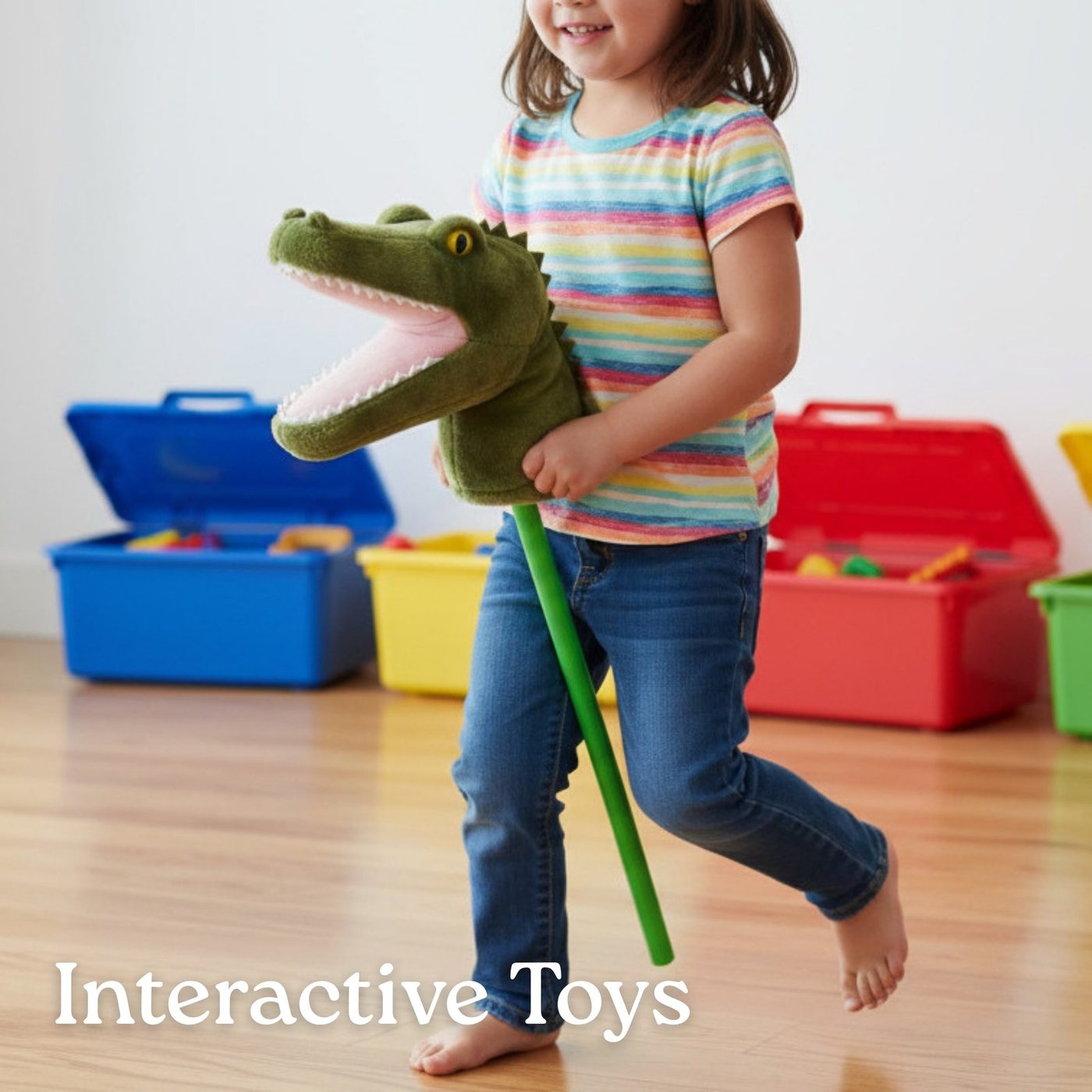 A girl playing with a green dinosaur plush hobby horse