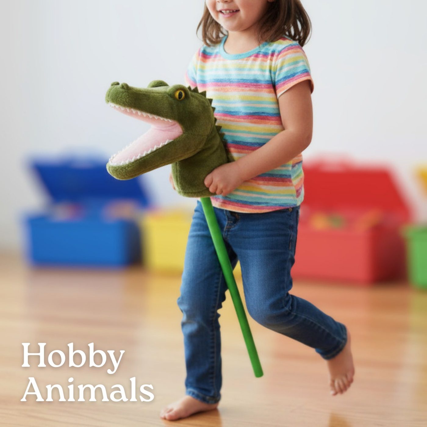 A girl riding a green dinosaur plush hobby horse across a playroom