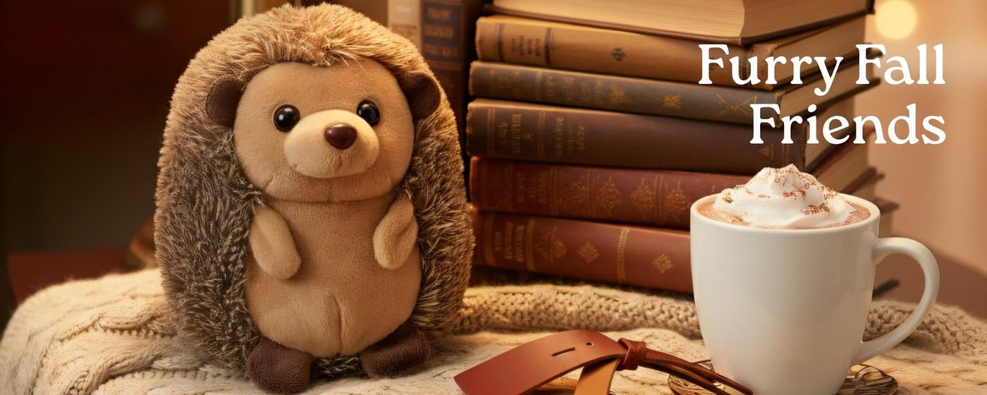 A hedgehog plush toy beside a steaming mug in autumn light
