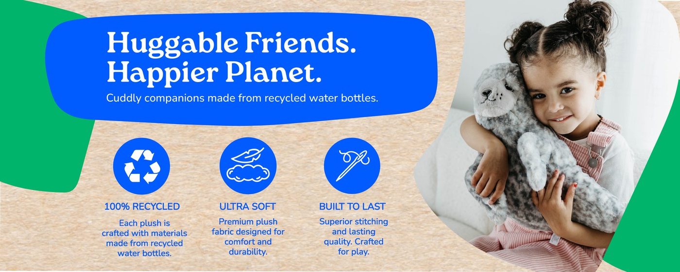 An Earth Keeperz banner reading huggable friends, happier planet, next to a child holding a plush toy