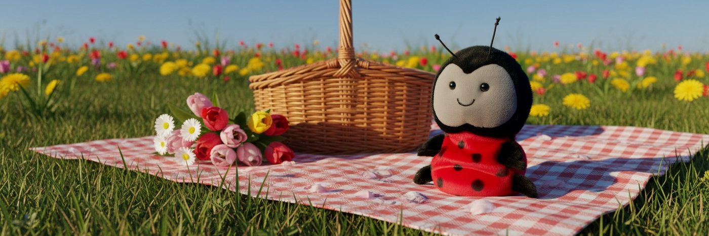 A ladybug plush toy resting on a picnic blanket in the grass