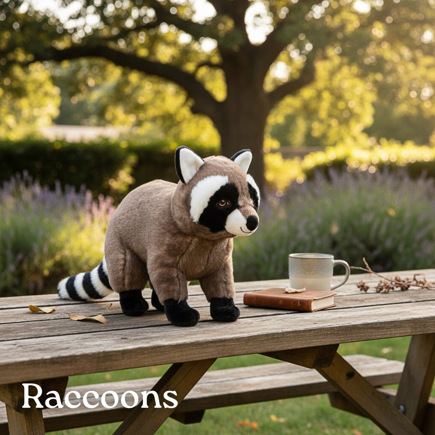 A raccoon plush toy sitting on a wooden picnic table