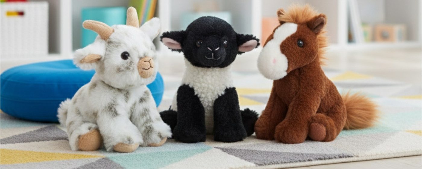 Three small Zoologee plush animals resting on a child's play mat