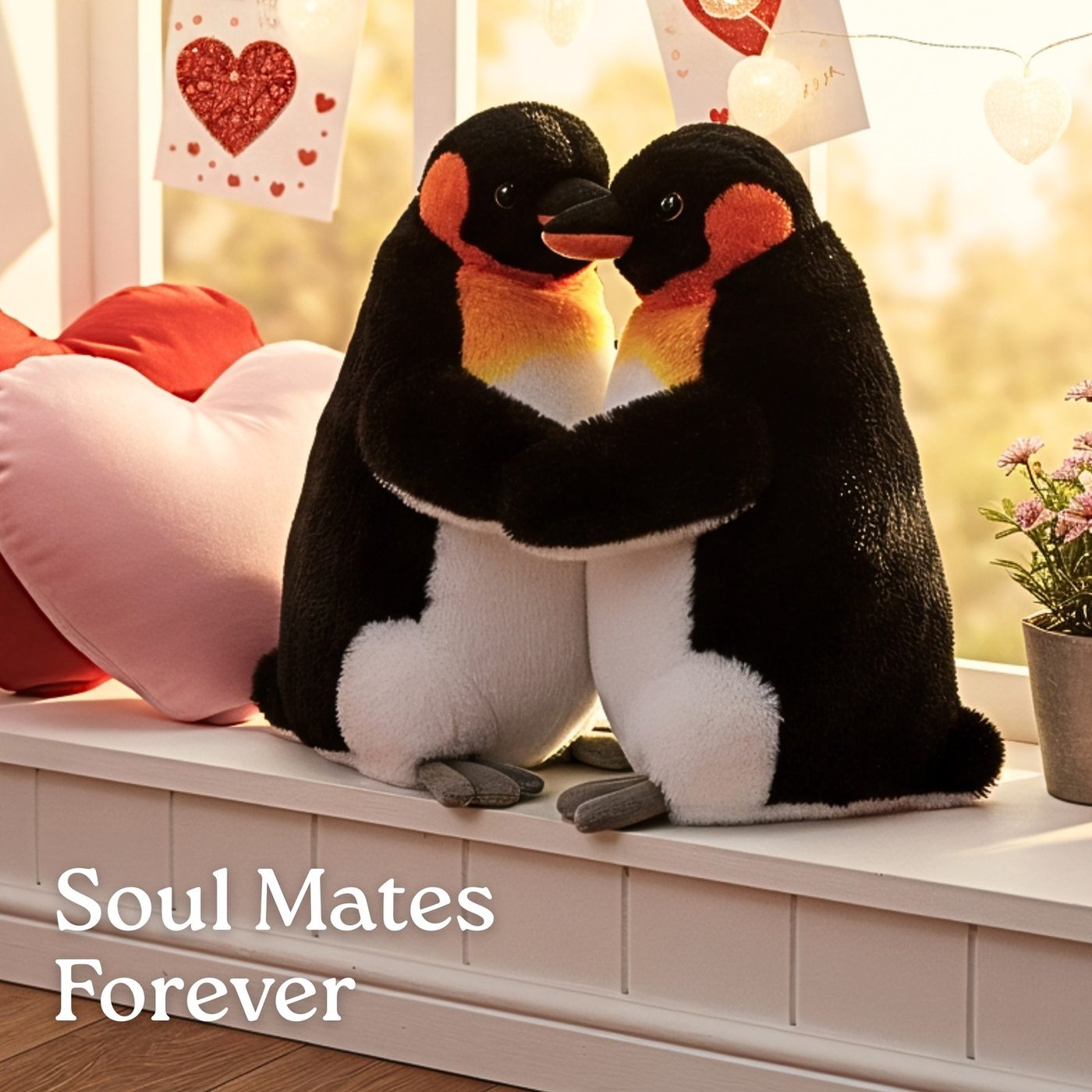 Two penguin plush toys sitting among paper hearts