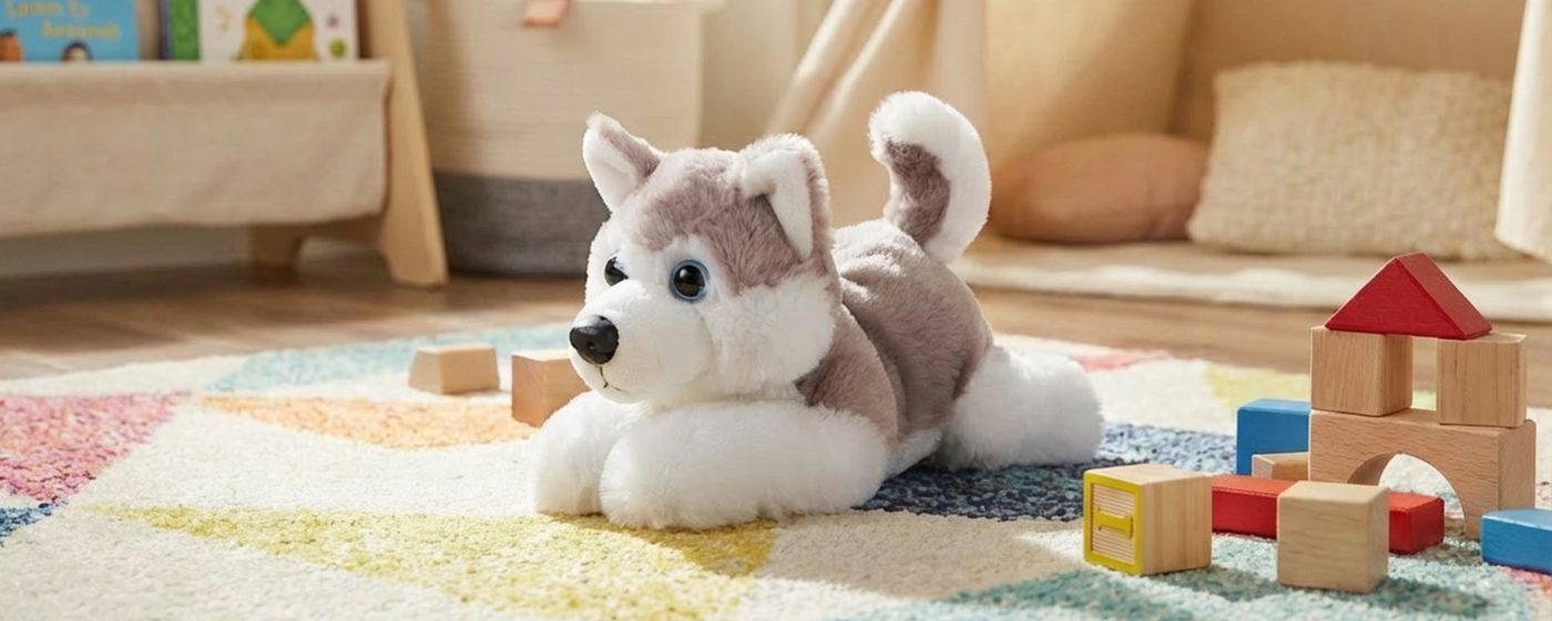 A white Zoologee bunny plush toy sitting on a playroom rug