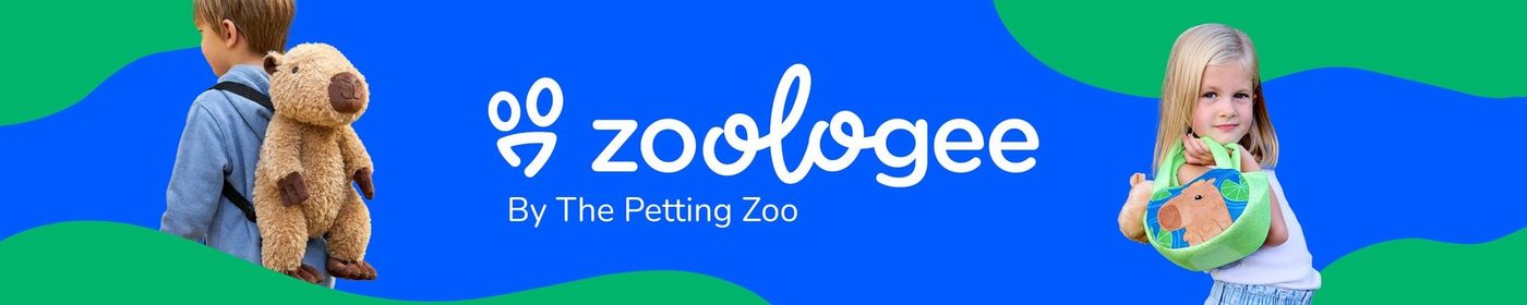 A Zoologee ribbon with a photograph of a child holding a plush toy