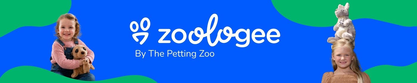 A Zoologee ribbon with a child and a group of plush friends