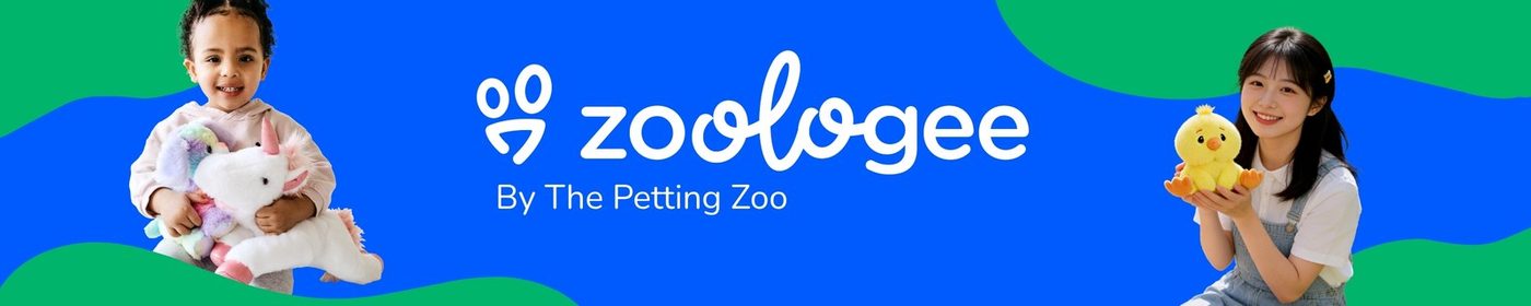 A Zoologee ribbon with two smiling children holding plush animals