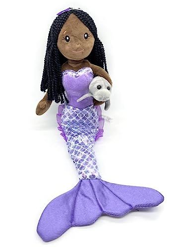 Mermaid Doll with Manatee Stuffed Animal- Great Gifts for Girls, Mermaid Plush Doll with Manatee Plush Toy, (African American) by Zoologee
